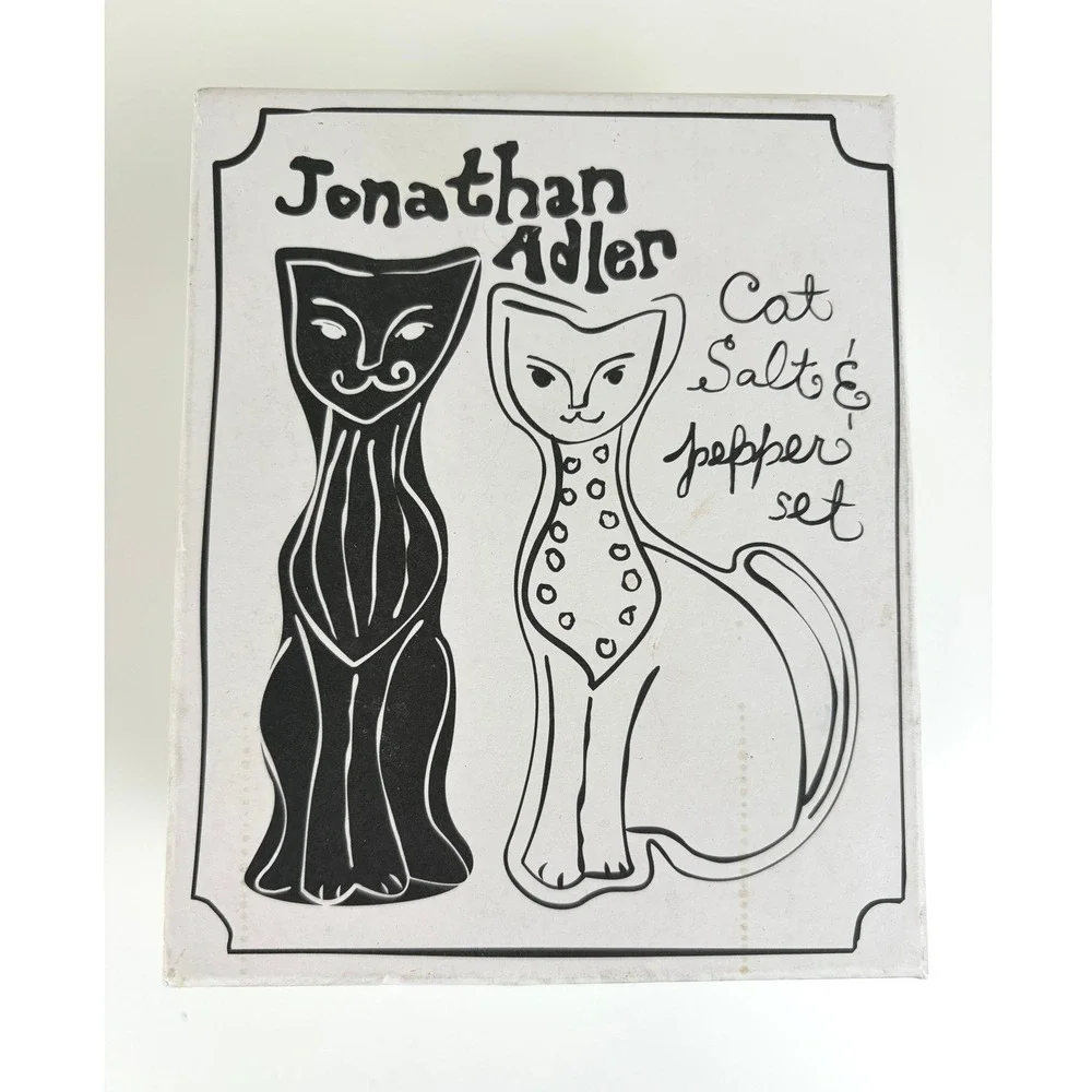Jonathan Adler Cat Salt & Pepper Shakers Black White Porcelain w/ Original Box
